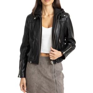 BLANKNYC Faux Leather Bomber Jacket with Removable Hoodie in Black Size 1X NWT